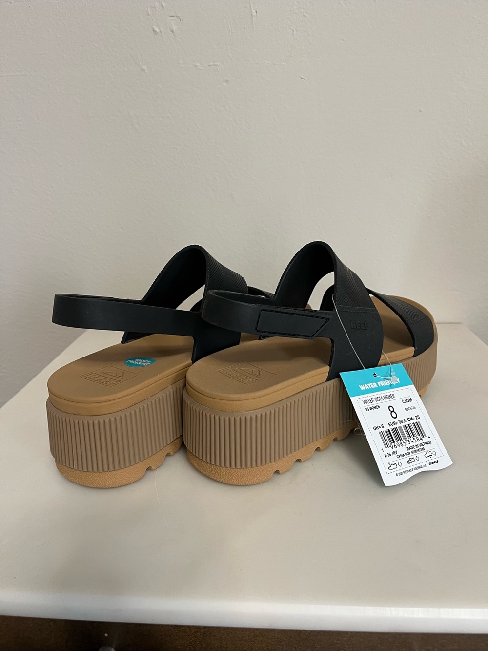 Reef Black Platform Sandals with Tan Sole - Picture 2 of 5
